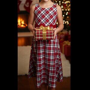 Girls Size 8 Bonnie Jean Red White Velvet Ribbon Bow Preppy Plaid Maxi Dress